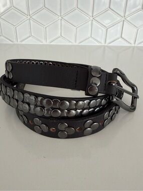 DANIER Black Leather Belt Silver Tone Metal Studs Edgy Goth Witchy Heavy Metal
